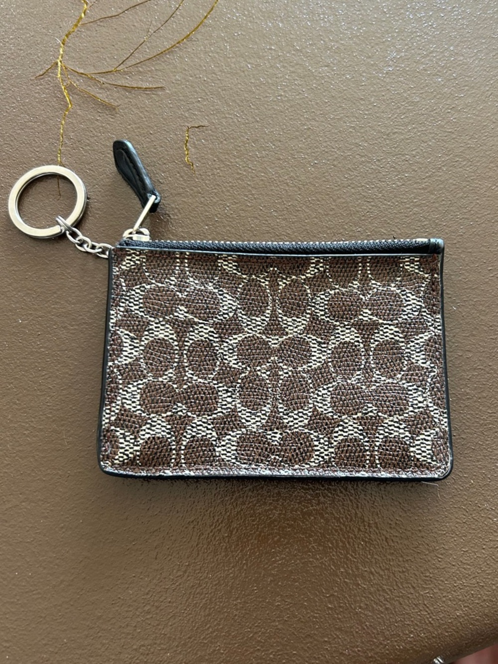 Coach Brown Monogram Zip Card Pouch with Keyring